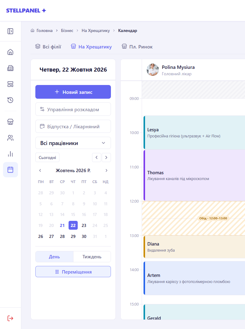 StellPanel admin calendar — the day's appointments for each specialist